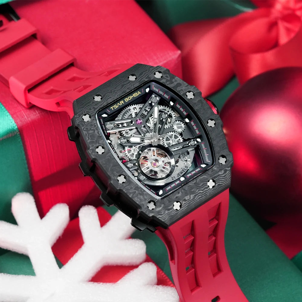 TSAR BOMBA Skeleton Mechanical Watch for Men Carbon Fiber Mens Automatic Watches Top Brand Luxury Waterproof Wristwatches