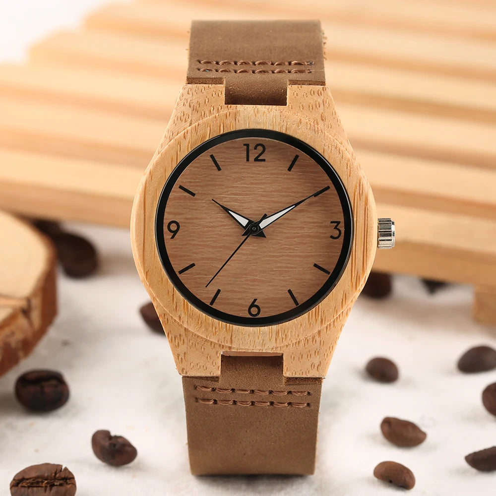 Trendy Coffee Brown Dial Bamboo Wood Ladies Quartz Wristwatch Genuine Leather Watchband Natural Style Wooden Women's Wristwatch