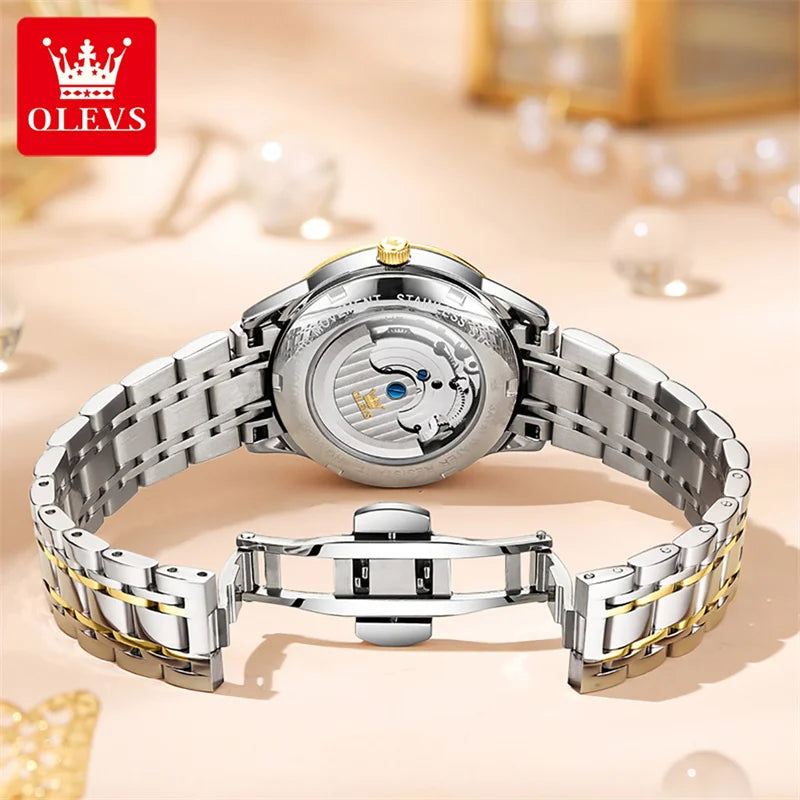 OLEVS Fashion Moon Phase Tourbillon Women Watch Luxury Brand Stainless Steel Automatic Mechanical Watch Waterproof Reloj Mujer