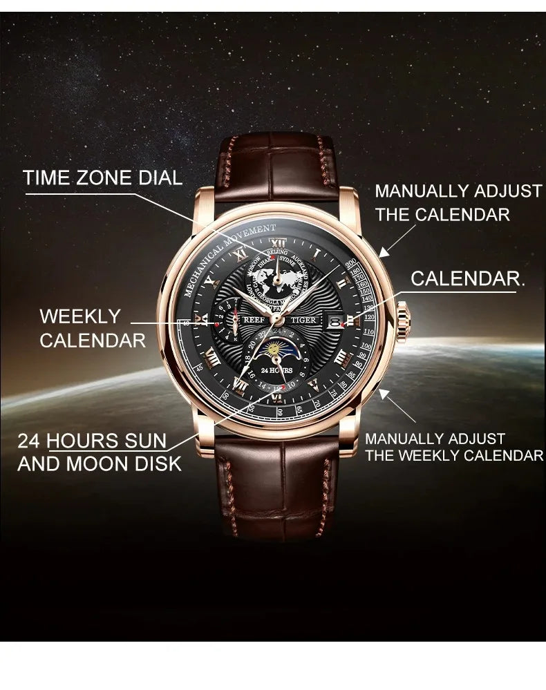Reef Tiger Men Automatic Watch 42.5mm Mechanical Wristwatch 50M Waterproof Luminous Multi Dial Week,Date,24 Hours,World Time