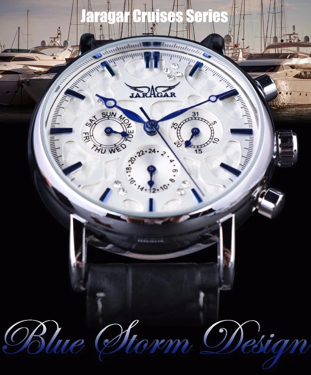 Fashion Jaragar Brand Men's Casual Six Needle Week Automatic Calendar Multi Functional Fully Automatic Mechanical Leather Watch