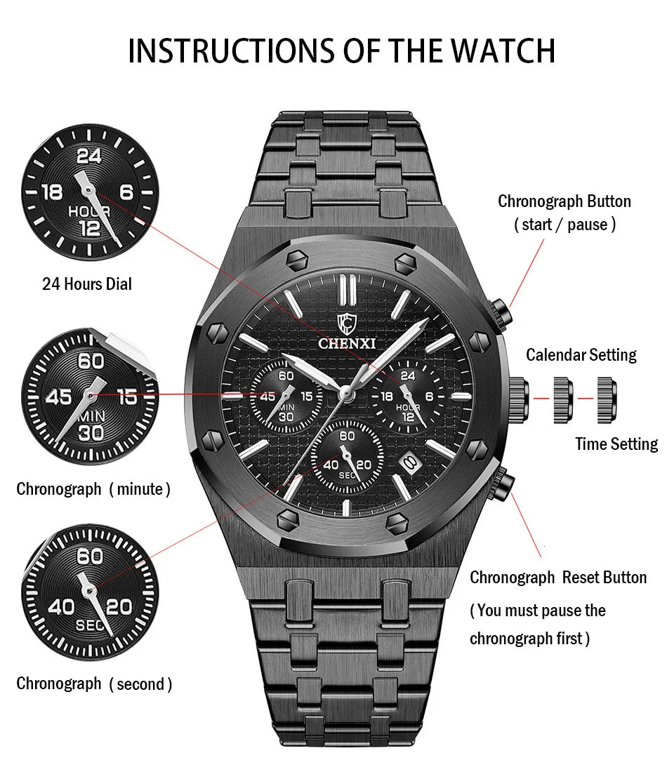 Chronograph Men Watches Stainless Steel Silver Waterproof Watch For Male Multi Function Calendar Brand Chenxi Business Clock