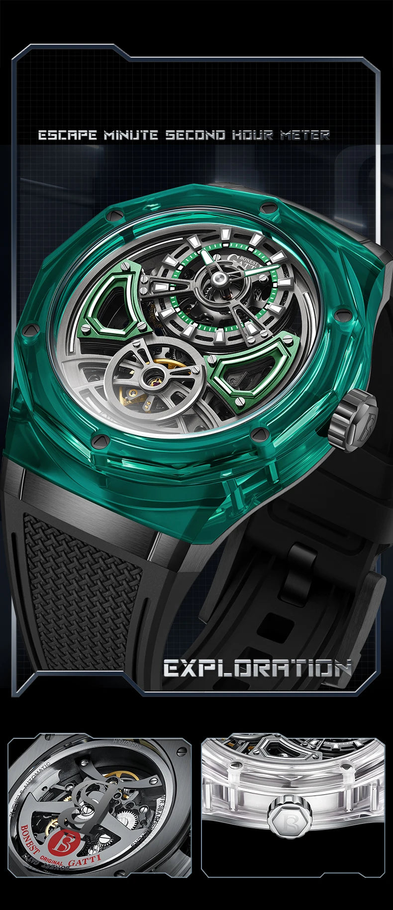 BONEST GATTI Men Automatic Watch 45mm Mechanical Wristwatch Crystal Case Sapphire Luminous Fluororubber Strap Skeleton Dial