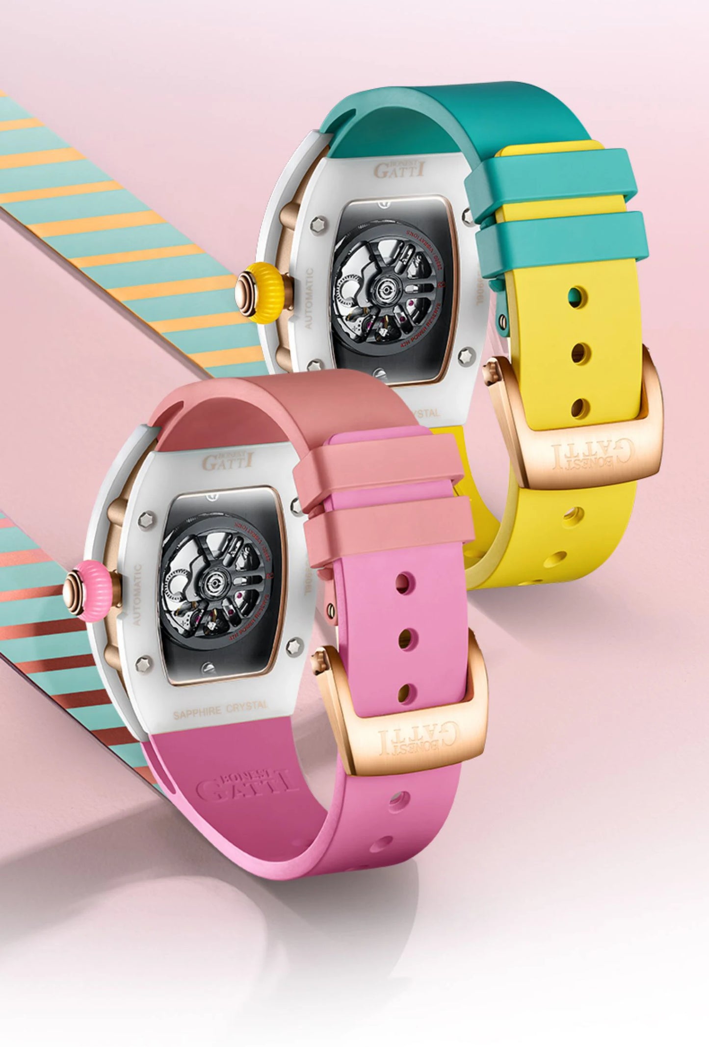 BONEST GATTI Reloj Automático para Mujer Relojes de Lujo para Mujer Reloj de Pulsera mecánico Tonneau Correa de Fluororubber de Zafiro Cierre de Mariposa