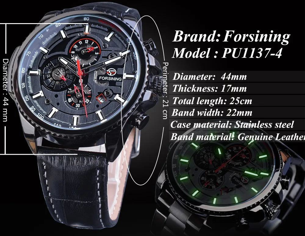 Fashion Forsining Top Brand Genuine Leather Men's Calendar Week Display Multifunctional Automatic Mechanical Wrist Watches
