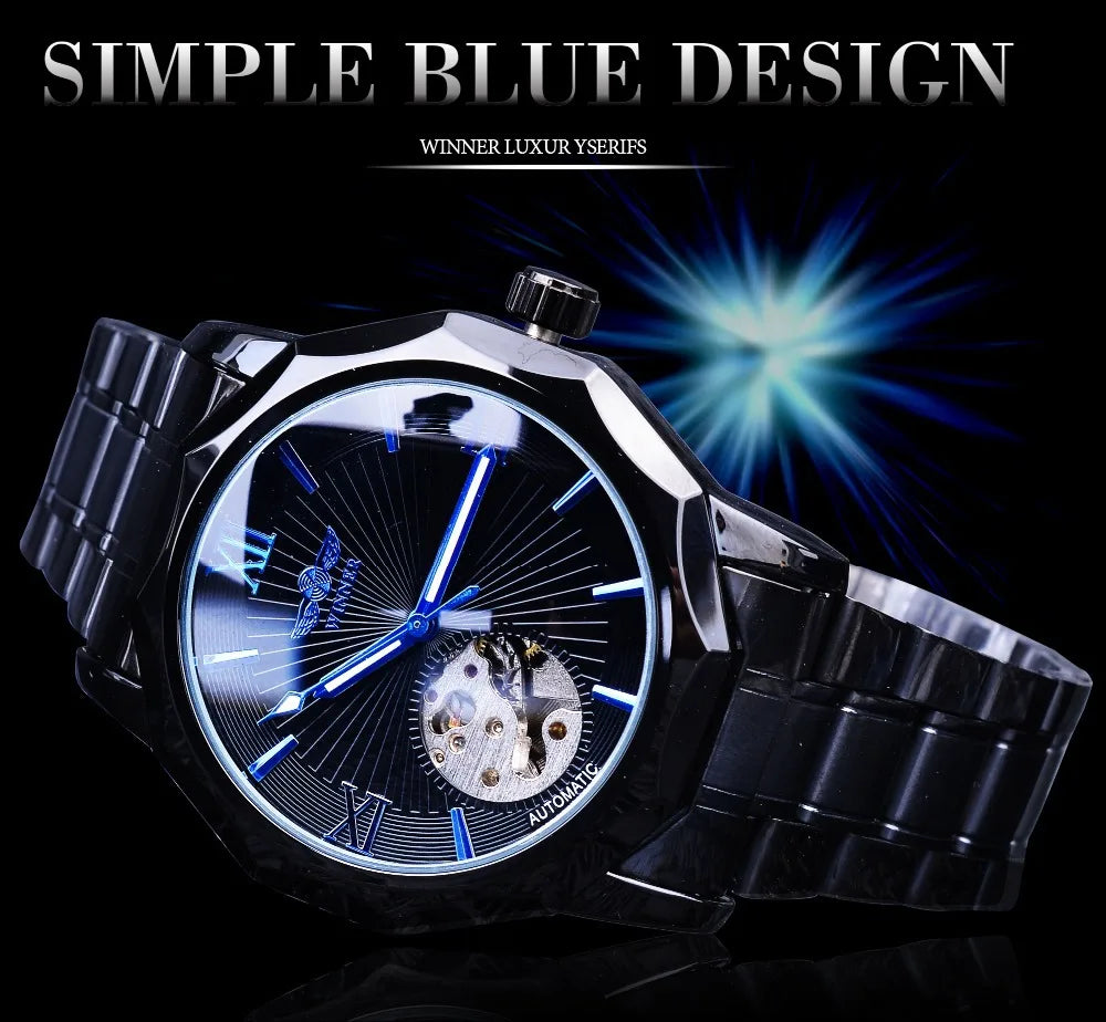 Fashion Winner Top Brand Men's Casual Hollow Mechanical Movement Automatic Mechanical Full Black Stainless Steel Wrist Watches