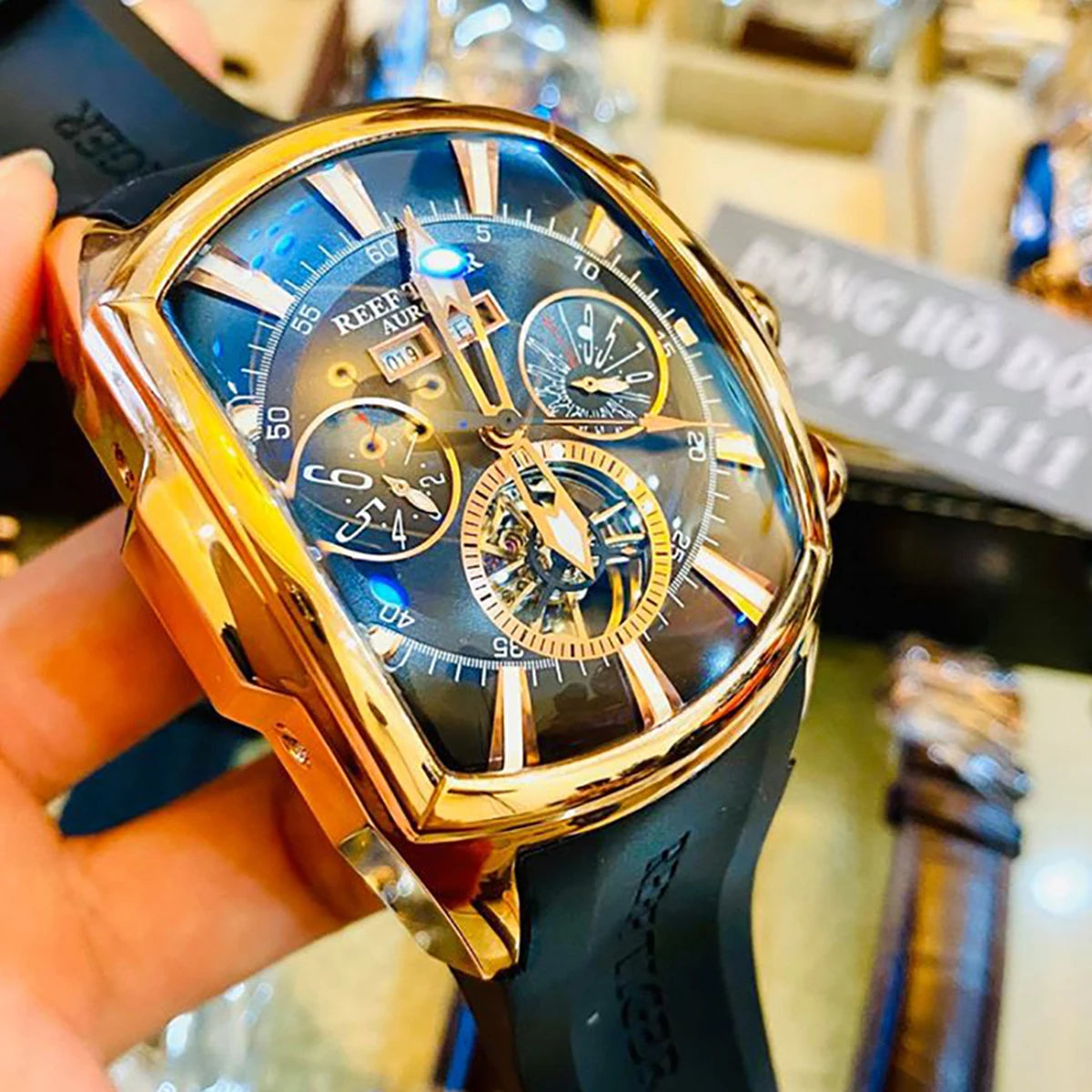 Reef Tiger/RT Designer Men Sport Watches Tourbillon Blue Dial Analog Display Rubber Strap Luminous Clock RGA3069