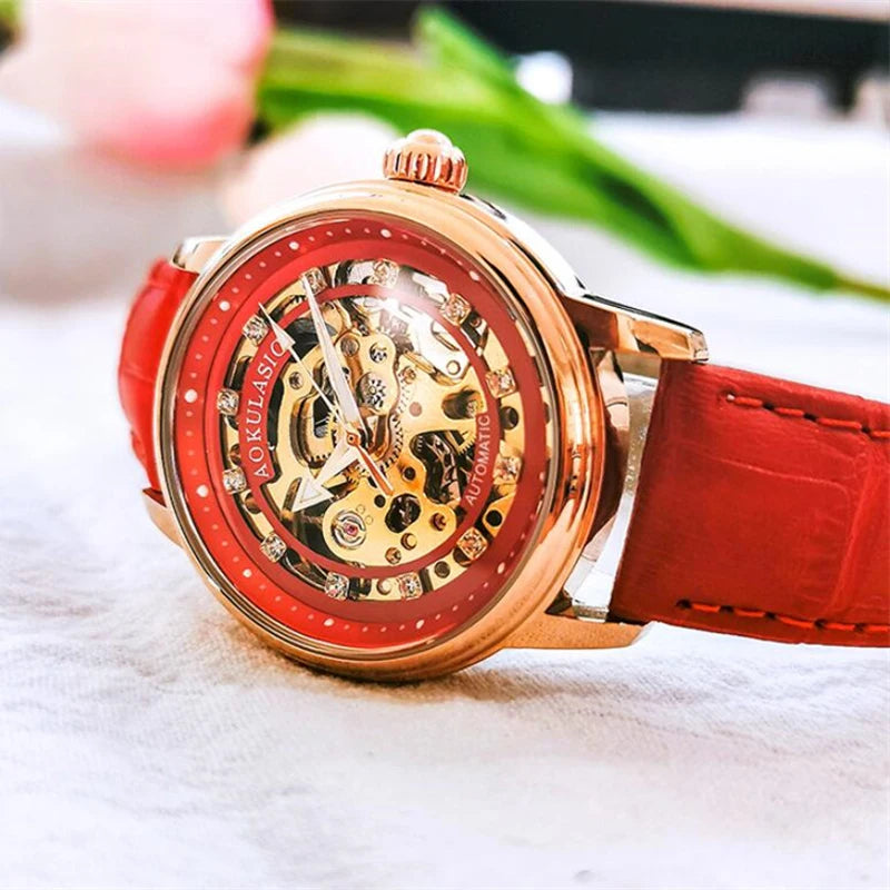 Classic Skeleton Ladies Watch Leather Automatic Mechanical Elegant Lady Watch Waterproof Watches for Woman reloj para mujer