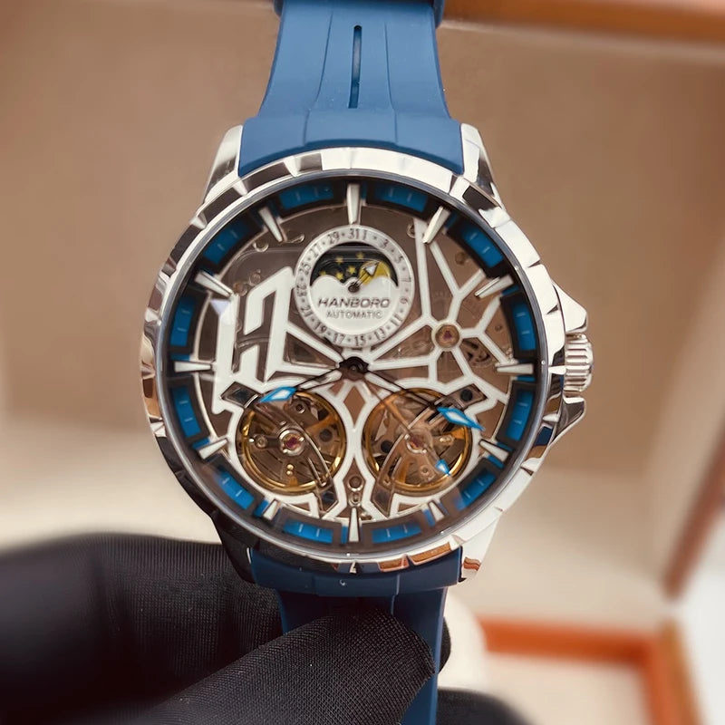 HANBORO Men Luxury Watch Mens Automatic Watches 50m Waterproof Luminous Mechanical Wristwatch Skeleton Dual Wheel Fly