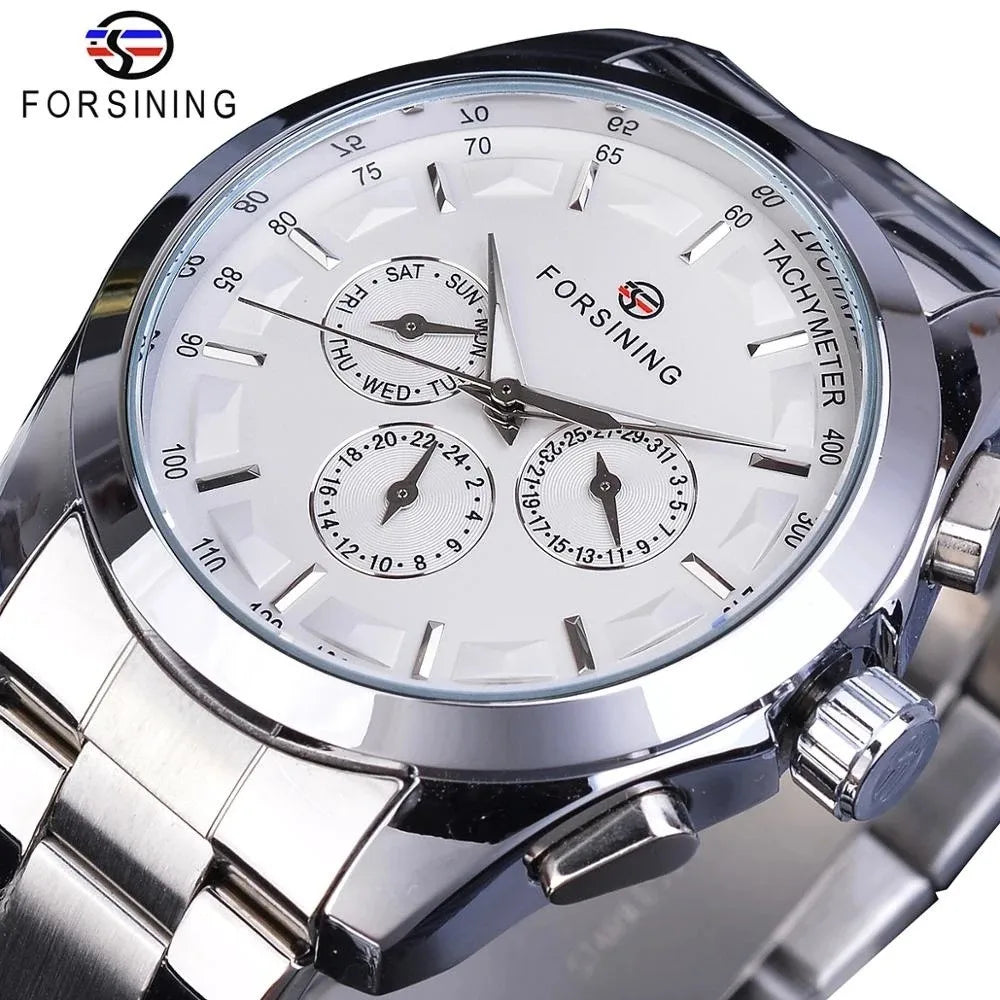 Forsining Top Brand Style Automatic Full Stainless SteelWatch Men Mechanical Business Wristwatch With Calendar Luminou Pointers