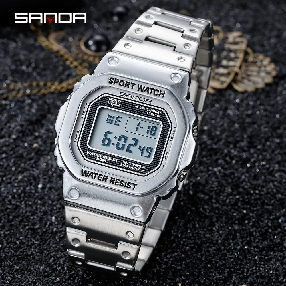 Fashion Sanda Top Brand Military Sport Men Clock 50m Waterproof Square Watches Full Stainless Steel Strap Digital Reloj Hombre