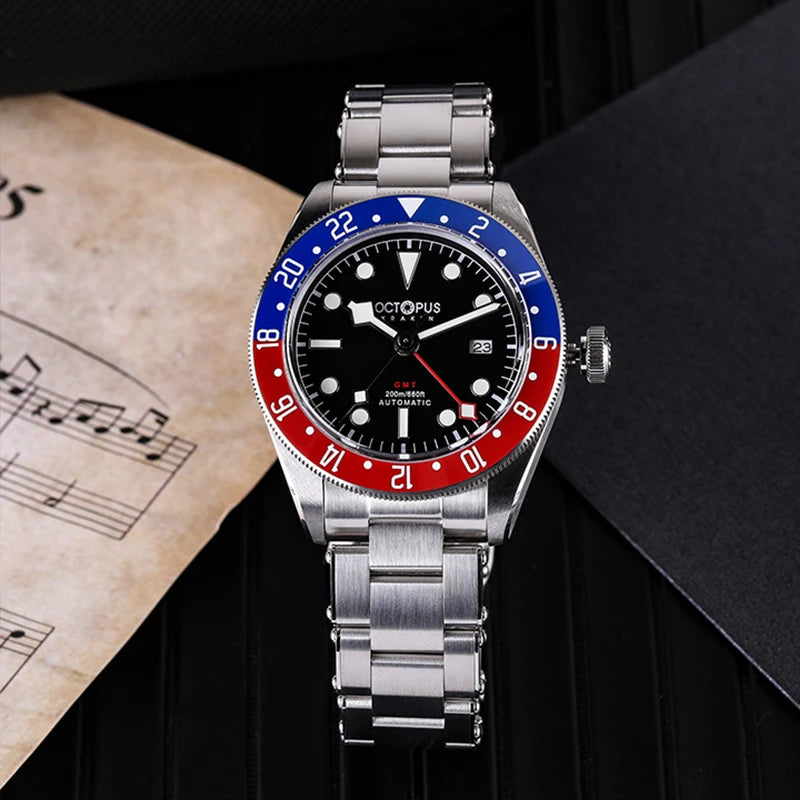Octopus Kraken 39mm Retro GMT Watch For Men Cola Bezel Automatic Movement Wristwatch 20Bar Waterproof Sapphire Crystal Luminous