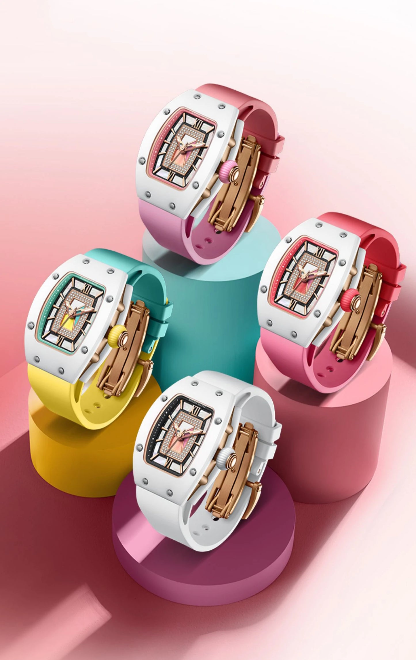 BONEST GATTI Reloj Automático para Mujer Relojes de Lujo para Mujer Reloj de Pulsera mecánico Tonneau Correa de Fluororubber de Zafiro Cierre de Mariposa