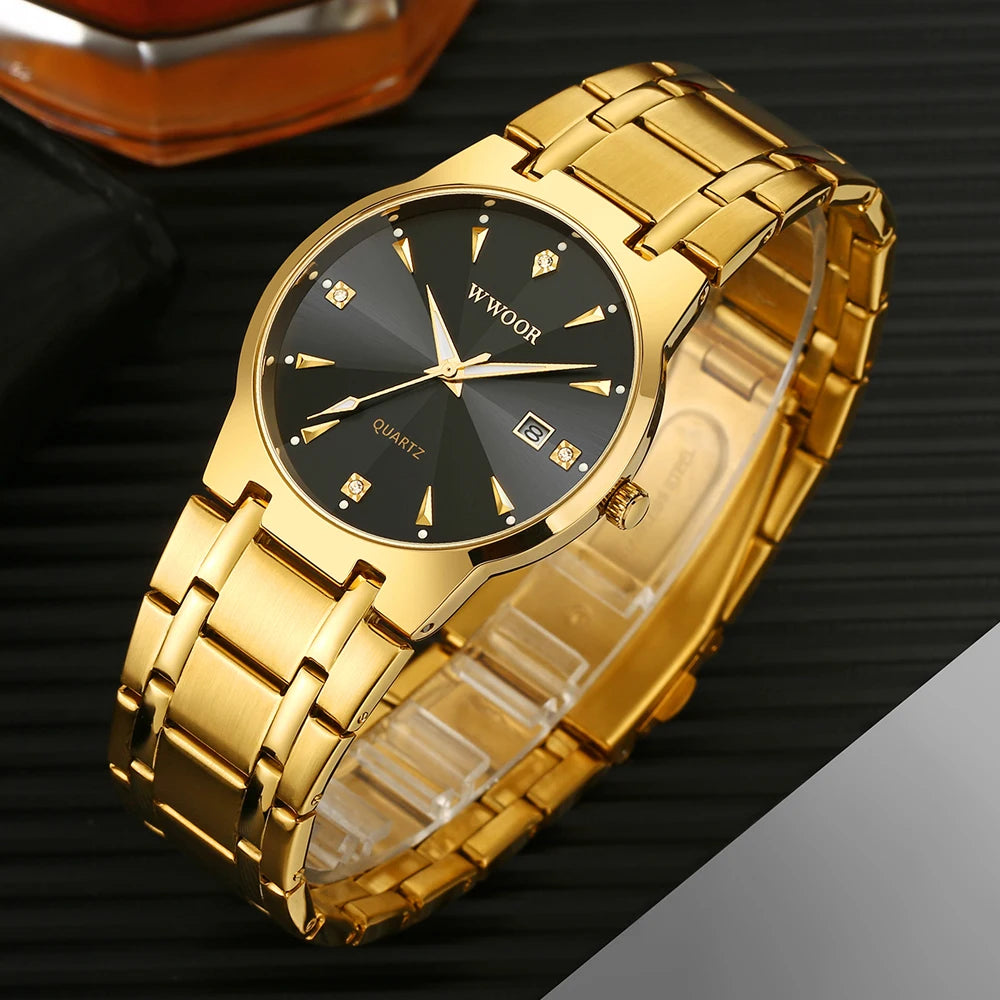 Fashion Wwoor Diamond Men Watch Top Brand Luxury Gold Black Steel Quartz Wristwatch Waterproof Automatic Date Relogio Masculino