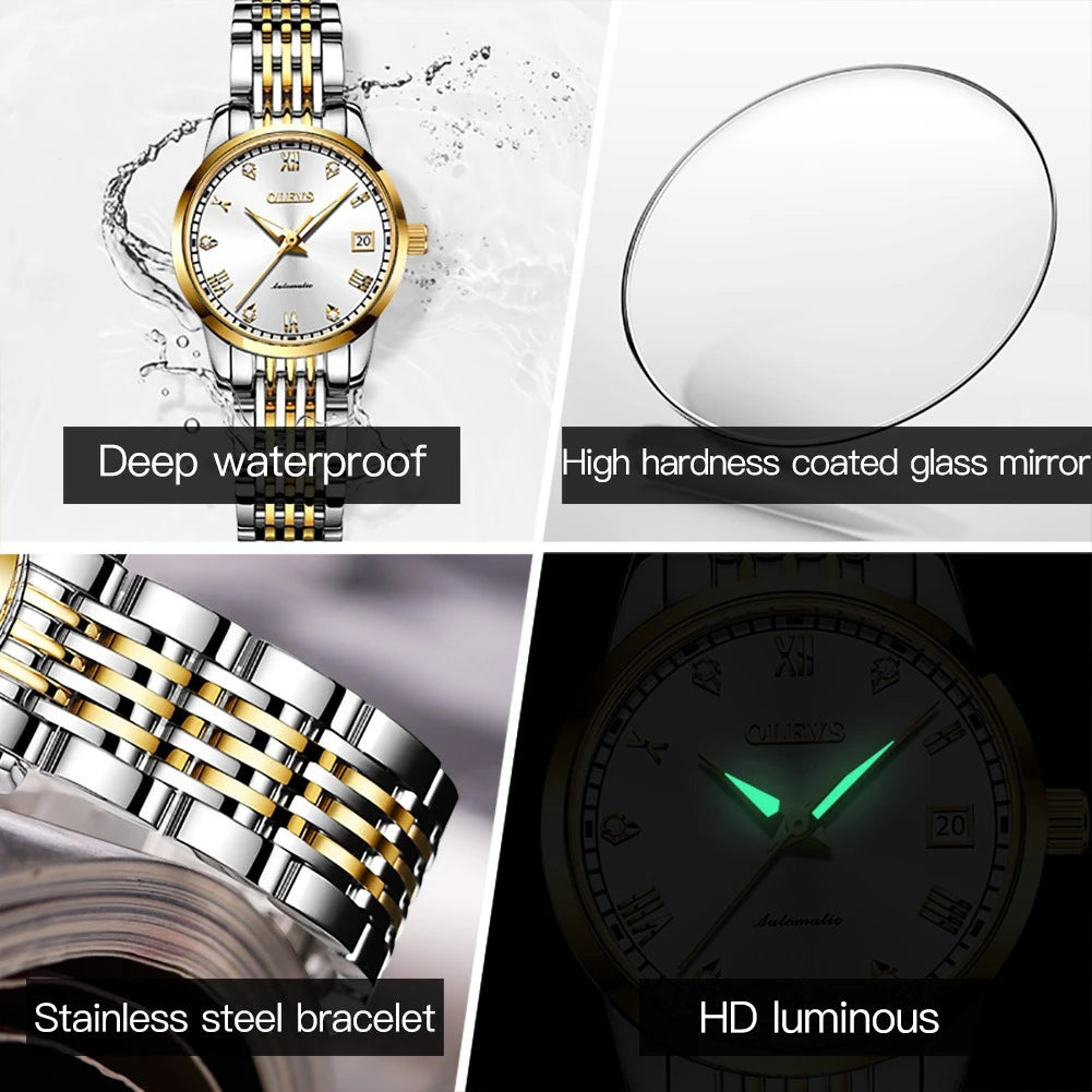 OLEVS 6602 Fashion Mechanical Watch Gift Stainless Steel Watchband Round-dial Week Display Calendar Luminous