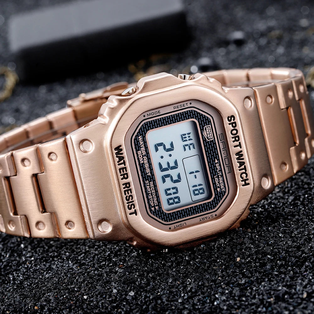 Fashion Sanda Top Brand Military Sport Men Clock 50m Waterproof Square Watches Full Stainless Steel Strap Digital Reloj Hombre