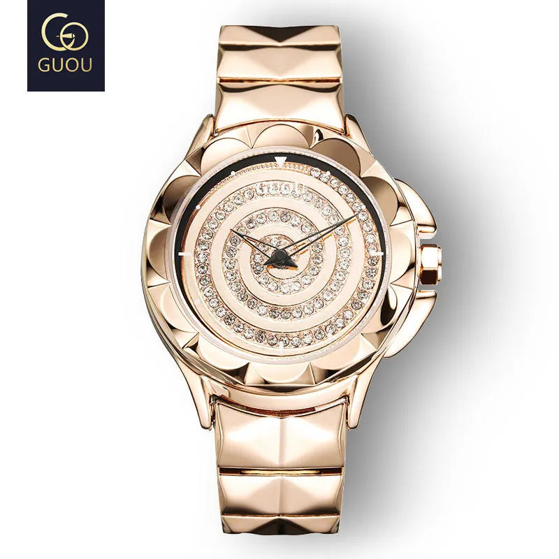 Fashion Guou Women's Rotating Dial Luxury Diamonds Rhinestone Starry Clock Rose Gold Ladies Genuine Leather & Full Steel Watches