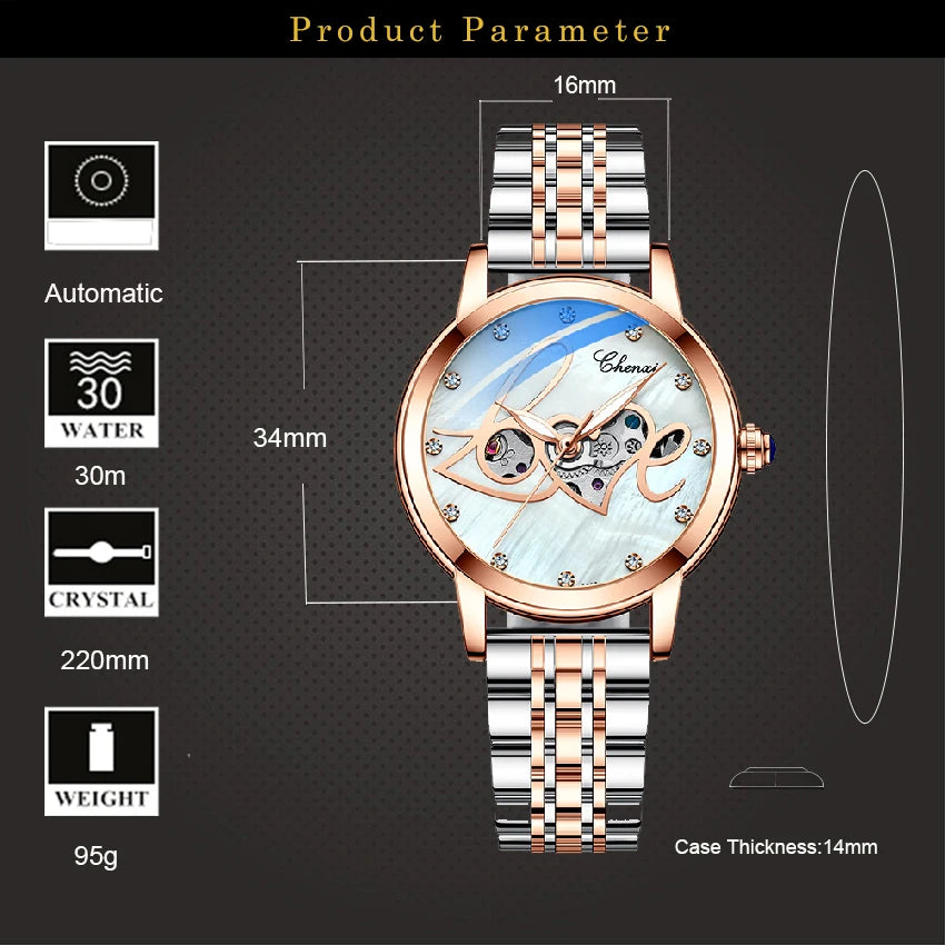 CHENXI Watch Women Luxury Fashion Heart Watches Stainless Steel Automatic Mechanical Wristwtaches Ladies Relogio Feminino 2023