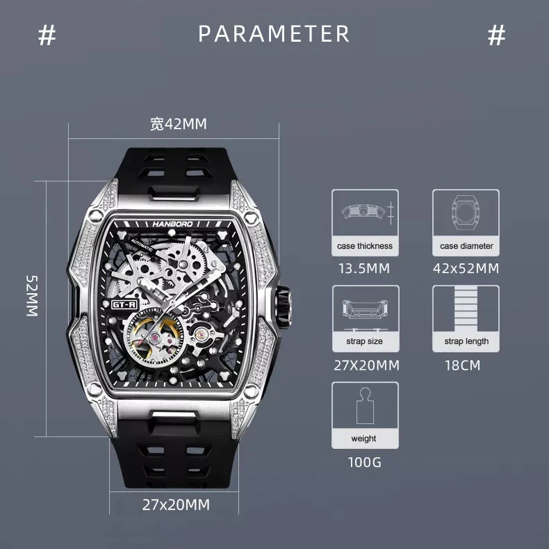 HANBORO Men Automatic Watch 52mm Luxury Mechanical Wristwatch Luminous Tonneau Crystal Bezel Hollow Out Dial