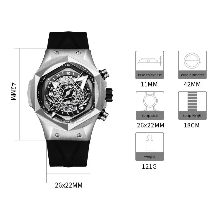 HANBORO Mens Luxury Watches Men Automatic Watch Luxury Mechanical Wristwatch Luminous Skeleton Silicone Strap Hexagonal Bezel