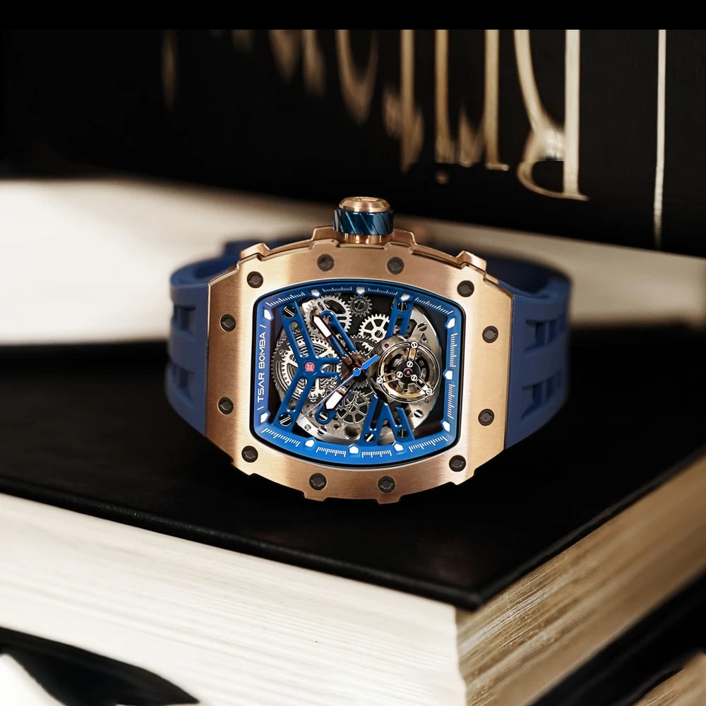 TSAR BOMBA Automatic Watch for Men Waterproof Mechanical Watch Tonneau Stainless steel Wristwatch Silicone Strap Luxury Gift
