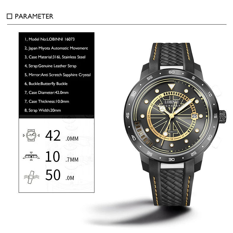 LOBINNI Mens Automatic Watches Luxury Watch Male Self Wind Mechanical Wristwatch Sapphire Crystal Luminous