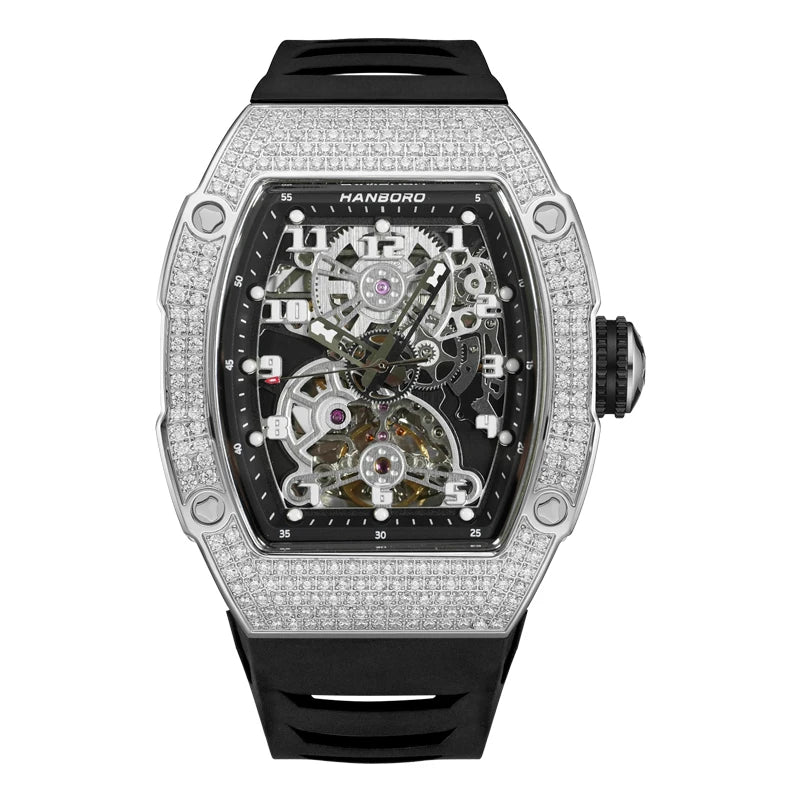 HANBORO Men Automatic Watch 50mm Luxury Mechanical Wristwatch Luminous Skeleton Tonneau Waterproof Rubber Strap Crystal Bezel
