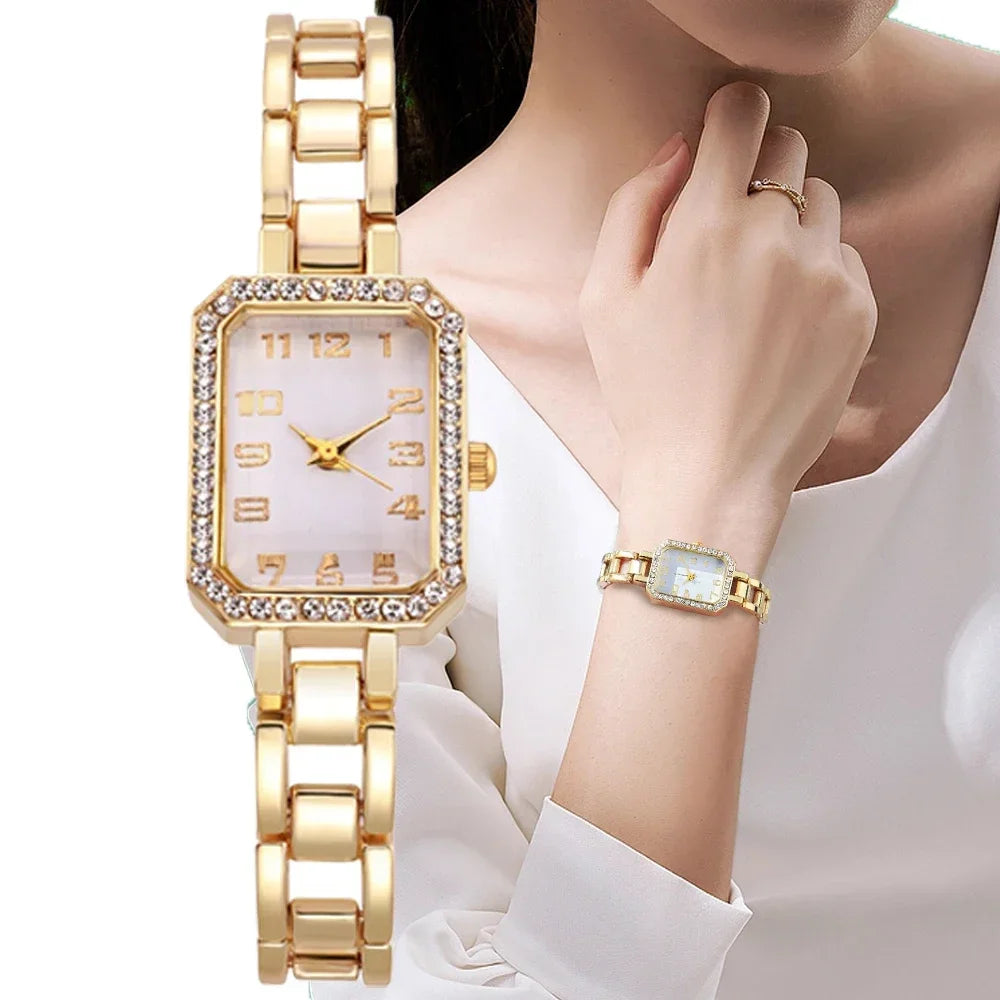 2024 New Luxury Watch for Women Simple Square Full Diamond Digital Quartz Watche Gold Stainless Steel Bracelet Dress Clock Reloj