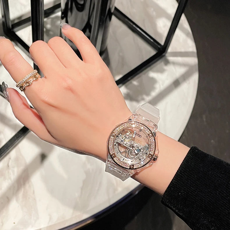 Luxury Women's Skeletonized Transparent Automatic Mechanical Wristwatch Fashion Top Brand Diamonds Bezel Waterproof Silicone