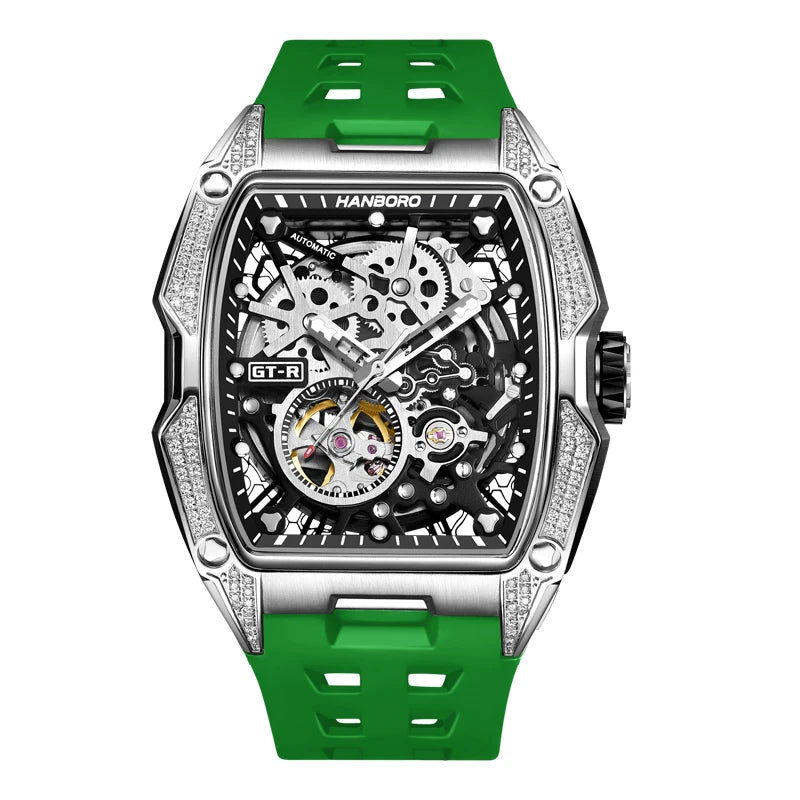 HANBORO Men Automatic Watch 52mm Luxury Mechanical Wristwatch Luminous Tonneau Crystal Bezel Hollow Out Dial