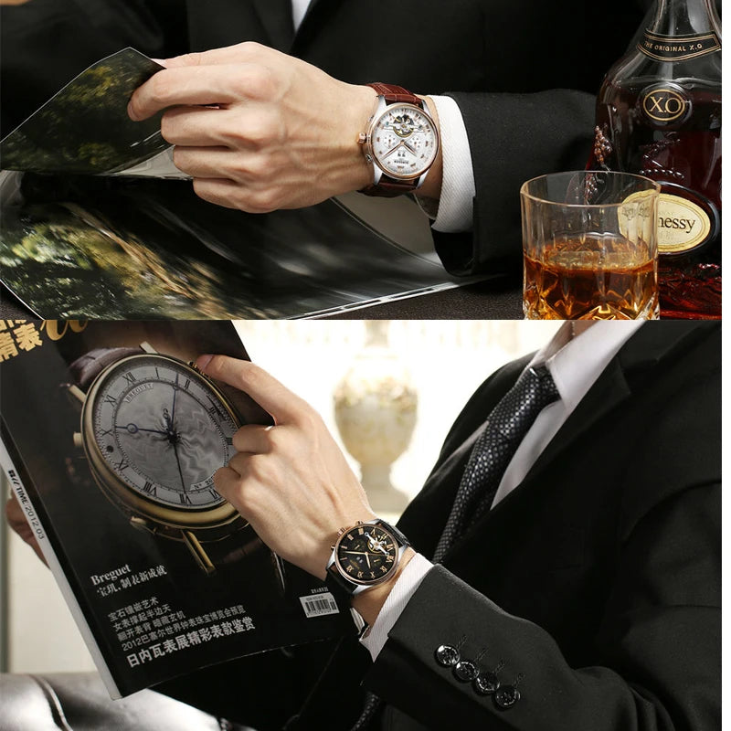 KINYUED Mens luxury original Brand watches Men Skeleton Tourbillon Mechanical Automatic analog watch for Man Waterproof bracelet