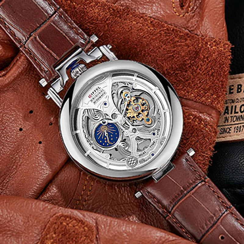New Fashion Hollow Automatic Mechanical Watches Men Business Casual Leather Skeleton Tourbillon Wrist Watch Relogio Masculino
