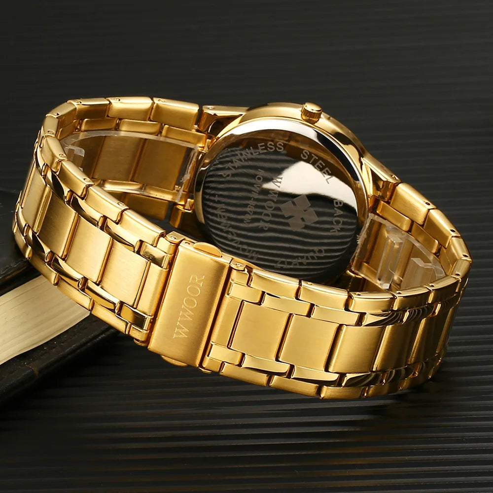 Fashion Wwoor Diamond Men Watch Top Brand Luxury Gold Black Steel Quartz Wristwatch Waterproof Automatic Date Relogio Masculino