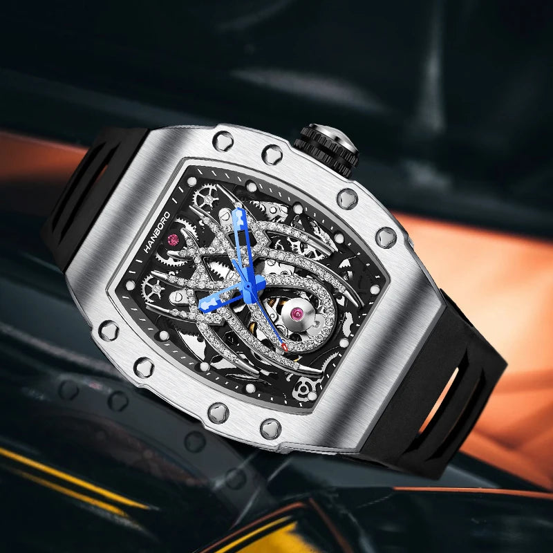 HANBORO Men Automatic Watch Luxury Mechanical Wristwatch Luminous Skeleton Tonneau Case Waterproof Rubber Strap Sport