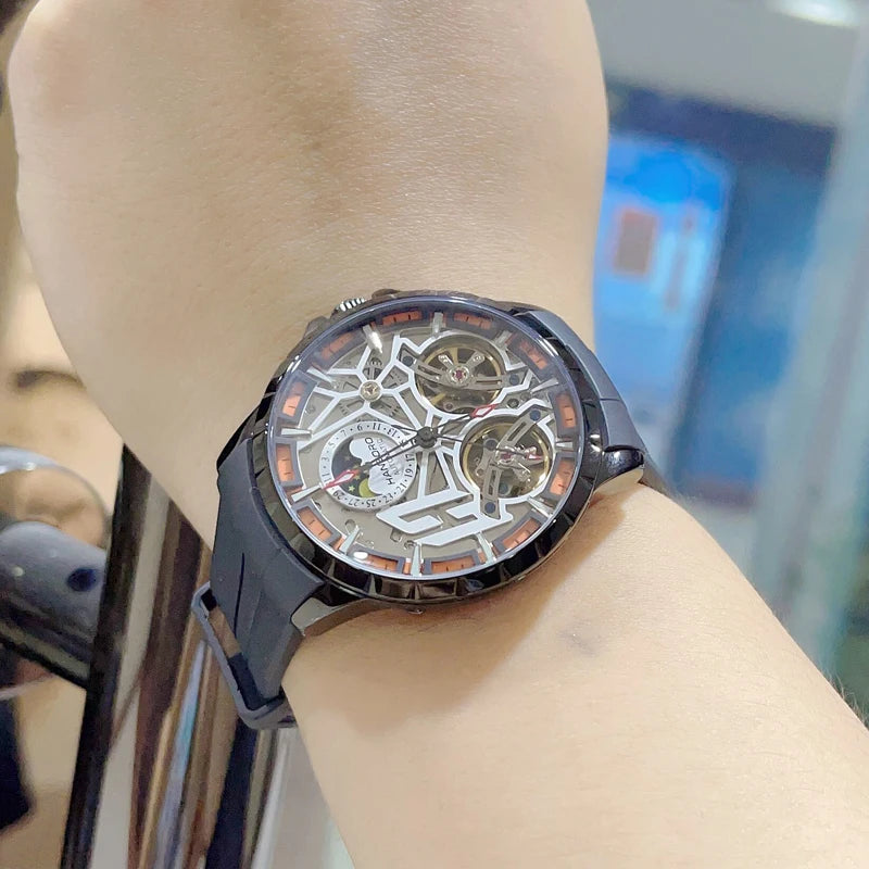 HANBORO Men Luxury Watch Mens Automatic Watches 50m Waterproof Luminous Mechanical Wristwatch Skeleton Dual Wheel Fly