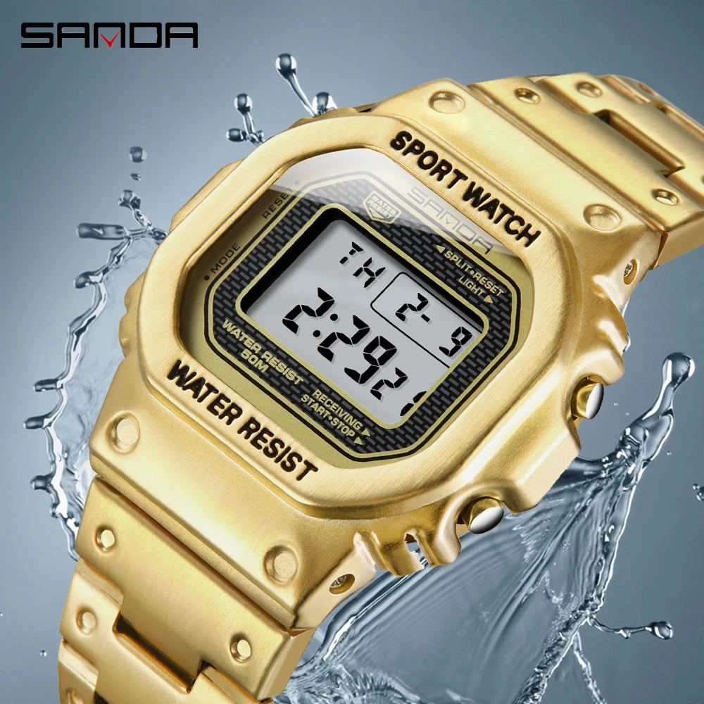Fashion Sanda Top Brand Military Sport Men Clock 50m Waterproof Square Watches Full Stainless Steel Strap Digital Reloj Hombre