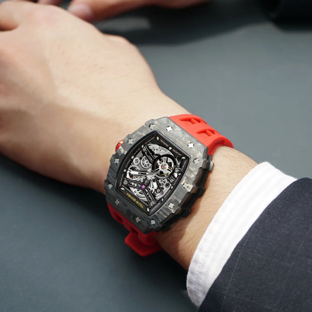 TSAR BOMBA Skeleton Mechanical Watch for Men Carbon Fiber Mens Automatic Watches Top Brand Luxury Waterproof Wristwatches
