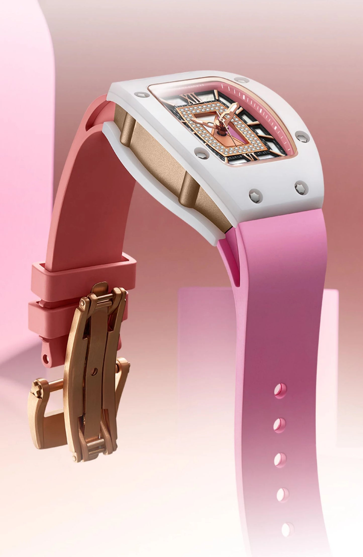 BONEST GATTI Reloj Automático para Mujer Relojes de Lujo para Mujer Reloj de Pulsera mecánico Tonneau Correa de Fluororubber de Zafiro Cierre de Mariposa