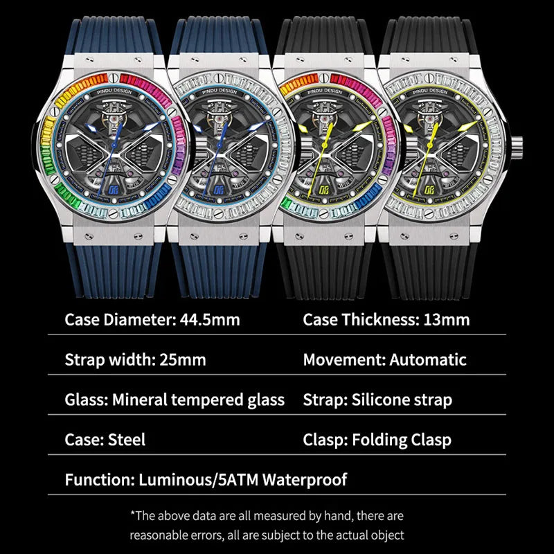 PINDU Watches High Quality Luxury Men's Watch Waterproof 44.5mm Automatic Movement 316L Stainless Steel Hollowed Fashion Watch