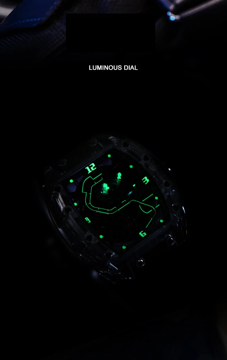 HANBORO Men Automatic Watch 42.5mm*52mm Mechanical Wristwatch Luminous Tonneau Transparent Acrylic Case Waterproof Skeleton Dial