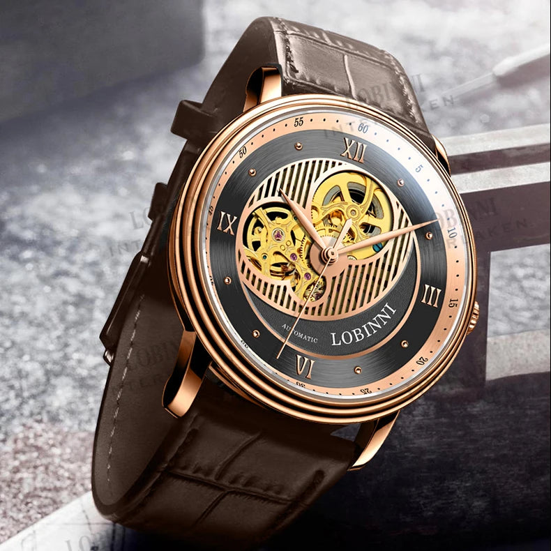 LOBINNI Mens Automatic Watches Luxury Watch For Men Mechanical Wristwatch Waterproof Skeleton Sapphire Leather Strap Fashion