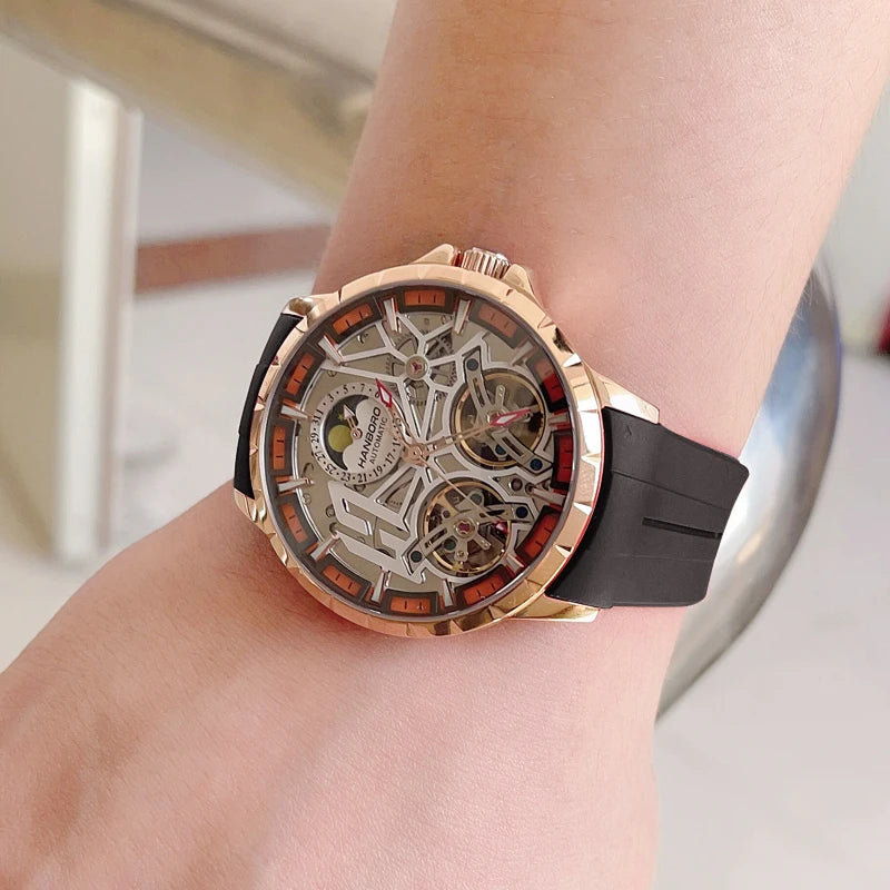 HANBORO Men Luxury Watch Mens Automatic Watches 50m Waterproof Luminous Mechanical Wristwatch Skeleton Dual Wheel Fly