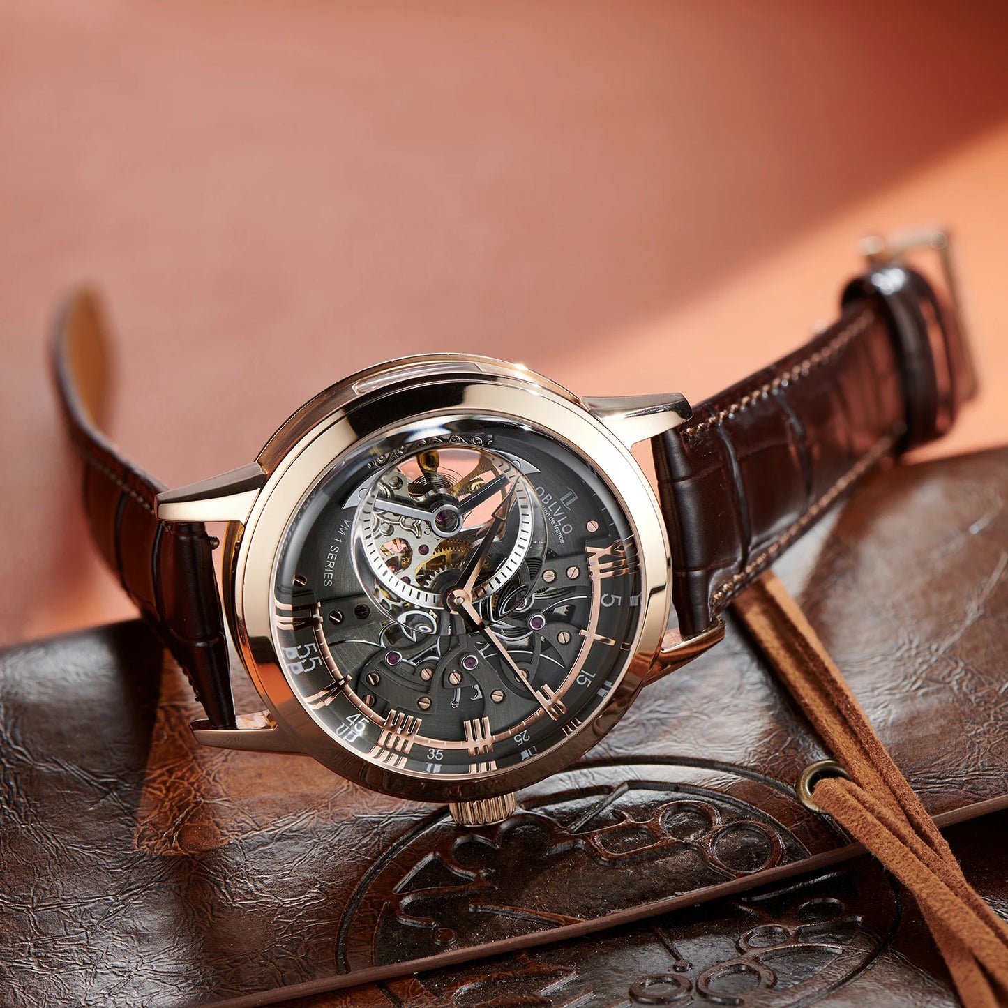 OBLVLO Retro Casual Men Skeleton Automatic Watches Mechanical Calfskin Strap Mineral Crystal Glass Waterproof Clock Dial 45mm VM