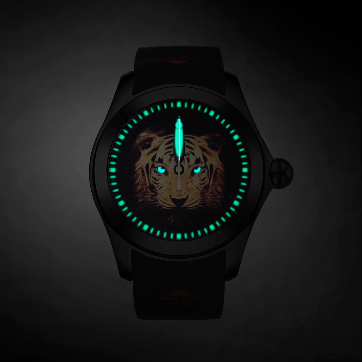 KAFYASE Unique Design Tiger Mechanical Automatic Watch For Men Ball Dial Black Steel Case Luminous Waterproof Rubber Sport Watch