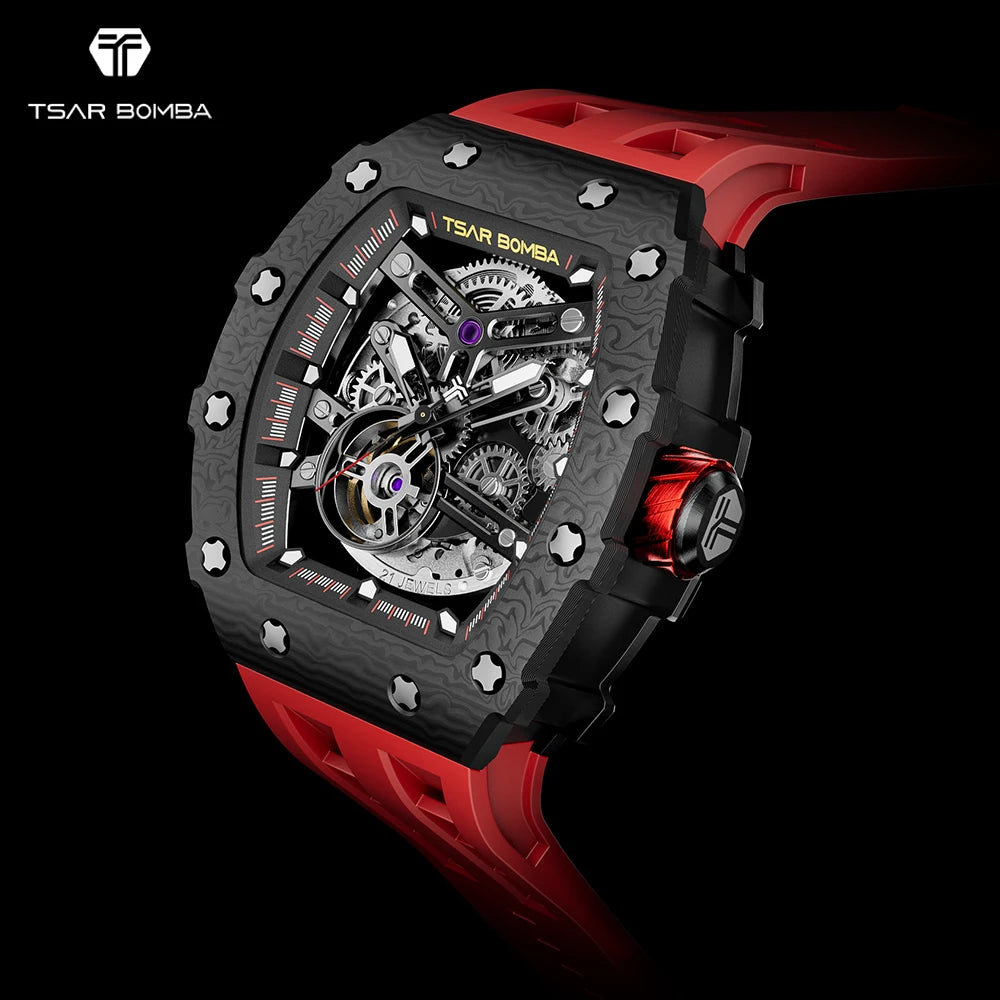 TSAR BOMBA Skeleton Mechanical Watch for Men Carbon Fiber Mens Automatic Watches Top Brand Luxury Waterproof Wristwatches