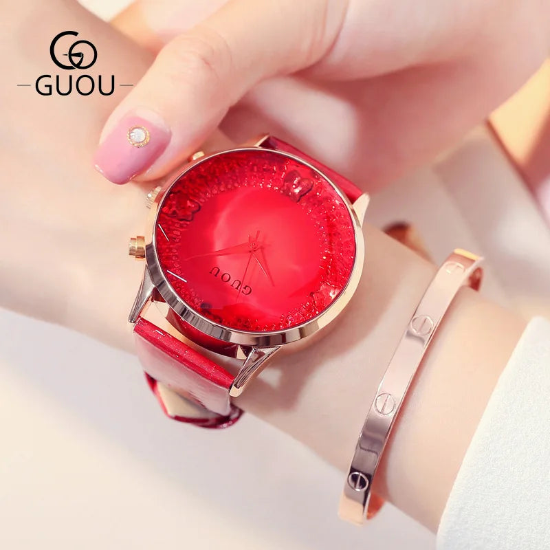 Fashion Guou Hk Top Brand Womens Watches Luxury Big Dial Quartz Genuine Leather Strap Waterproof Casual Gift Clock Reloj Hombr