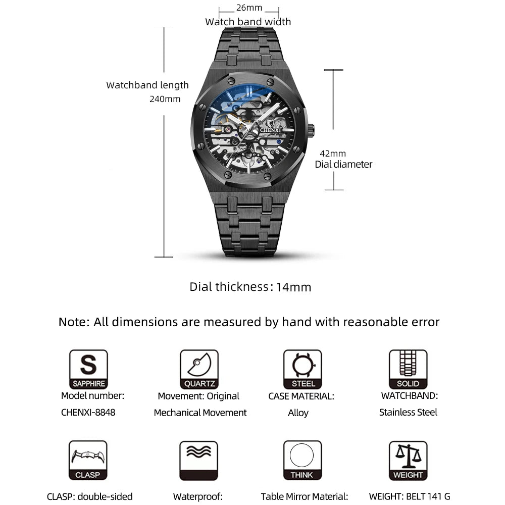CHENXI Automatic Mens Watches Top Brand Mechanical Tourbillon Wrist Watch Waterproof Business Stainless Steel Sport Mens Watches