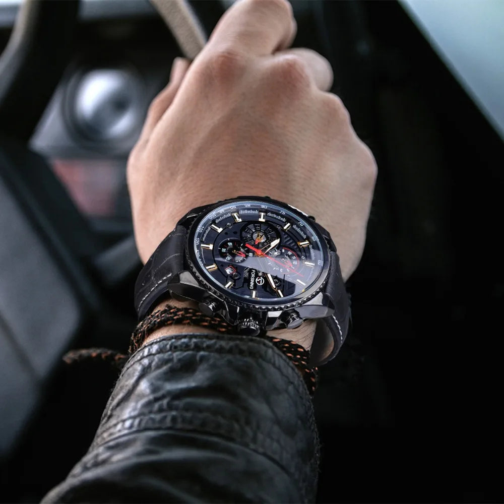Fashion Forsining Top Brand Genuine Leather Men's Calendar Week Display Multifunctional Automatic Mechanical Wrist Watches