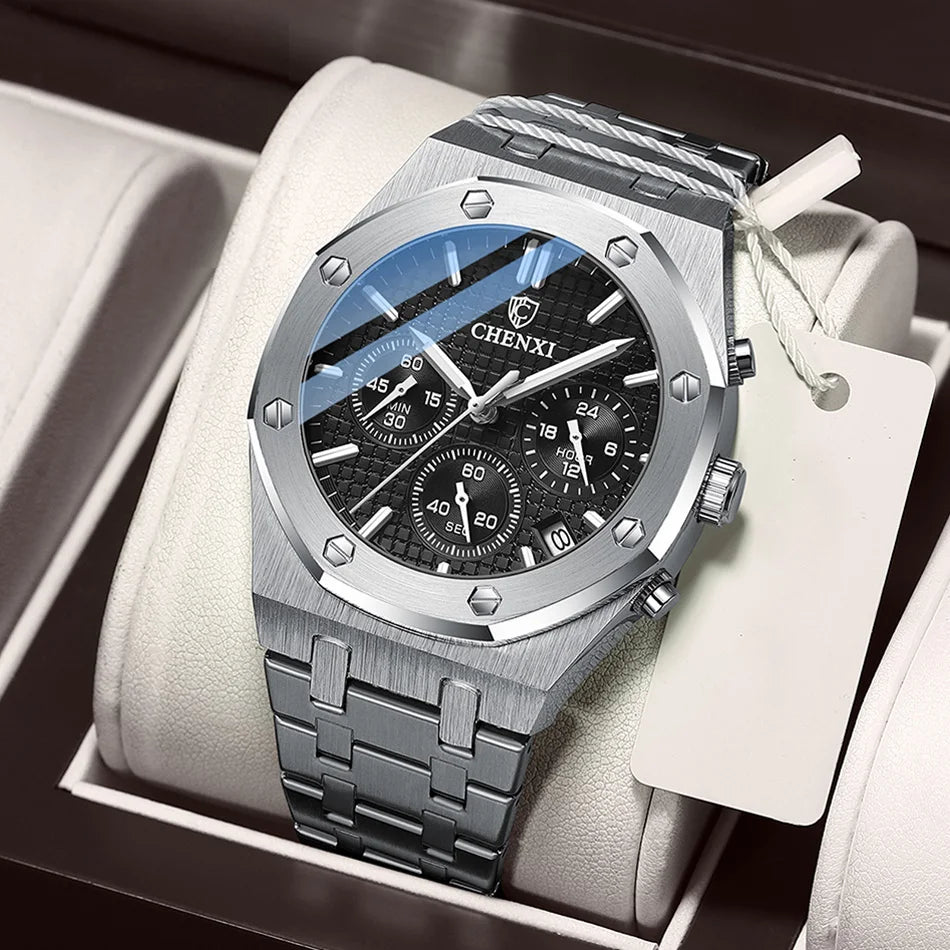 Chronograph Men Watches Stainless Steel Silver Waterproof Watch For Male Multi Function Calendar Brand Chenxi Business Clock
