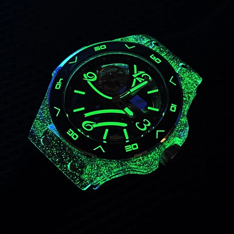 HANBORO Men Luxury Watch Automatic Mechanical Wristwatch Waterproof Luminous Skeleton Acrylic Case Carbon Fibre / Ceramic Bezel
